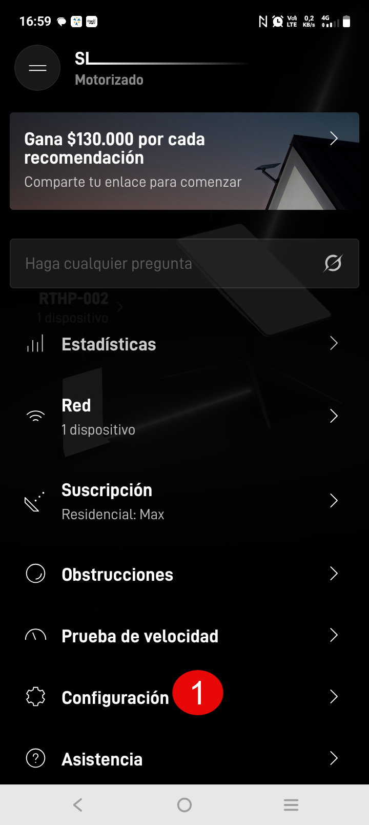 Botón de Configuración en la app Starlink