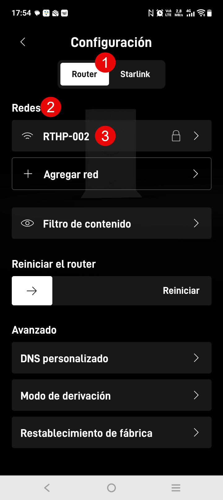 Selección de Router y red WiFi en la app Starlink