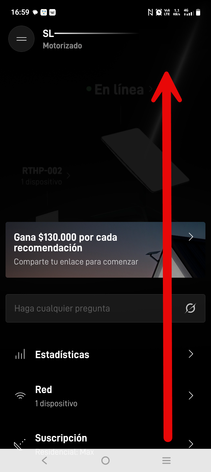 Deslizar hacia arriba para ver opciones adicionales de Starlink
