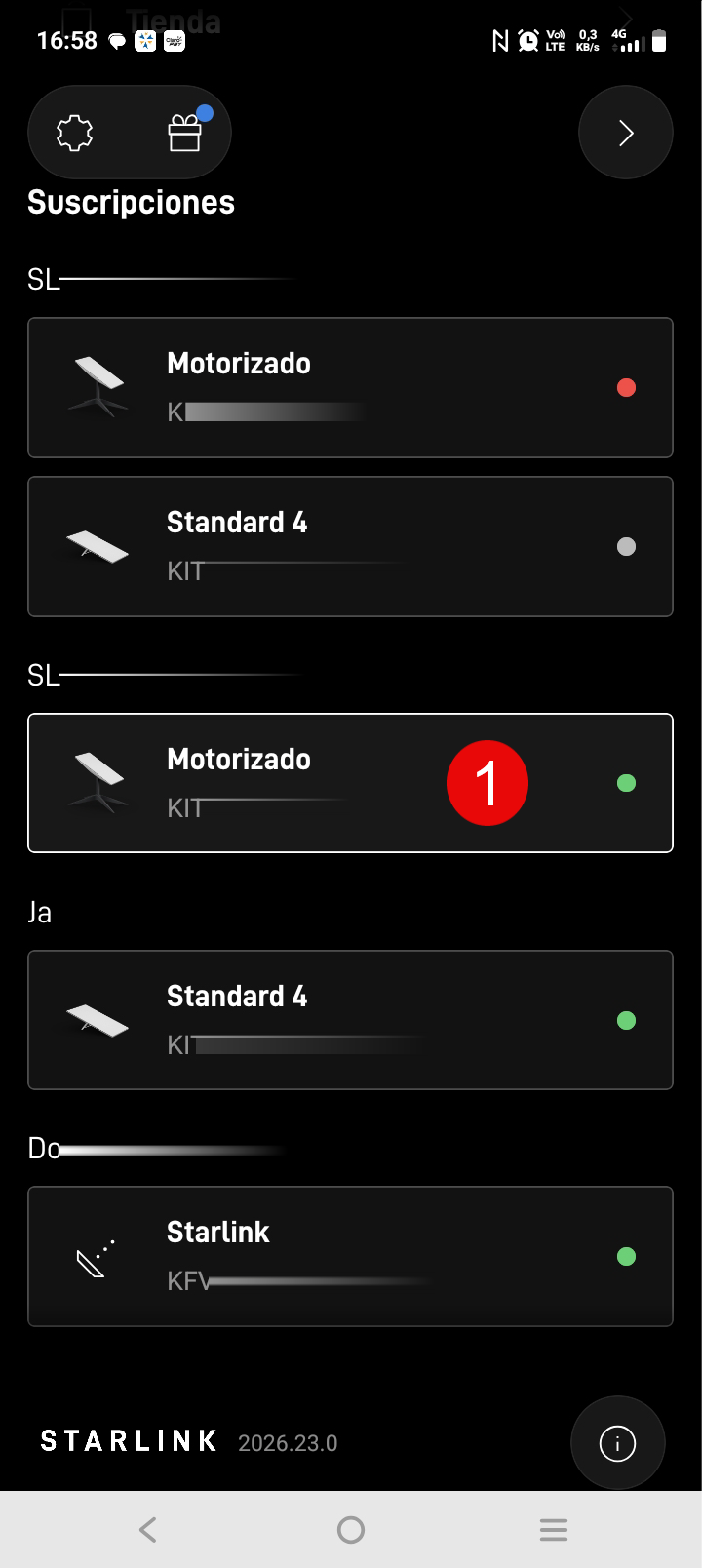 Lista de suscripciones en la app Starlink