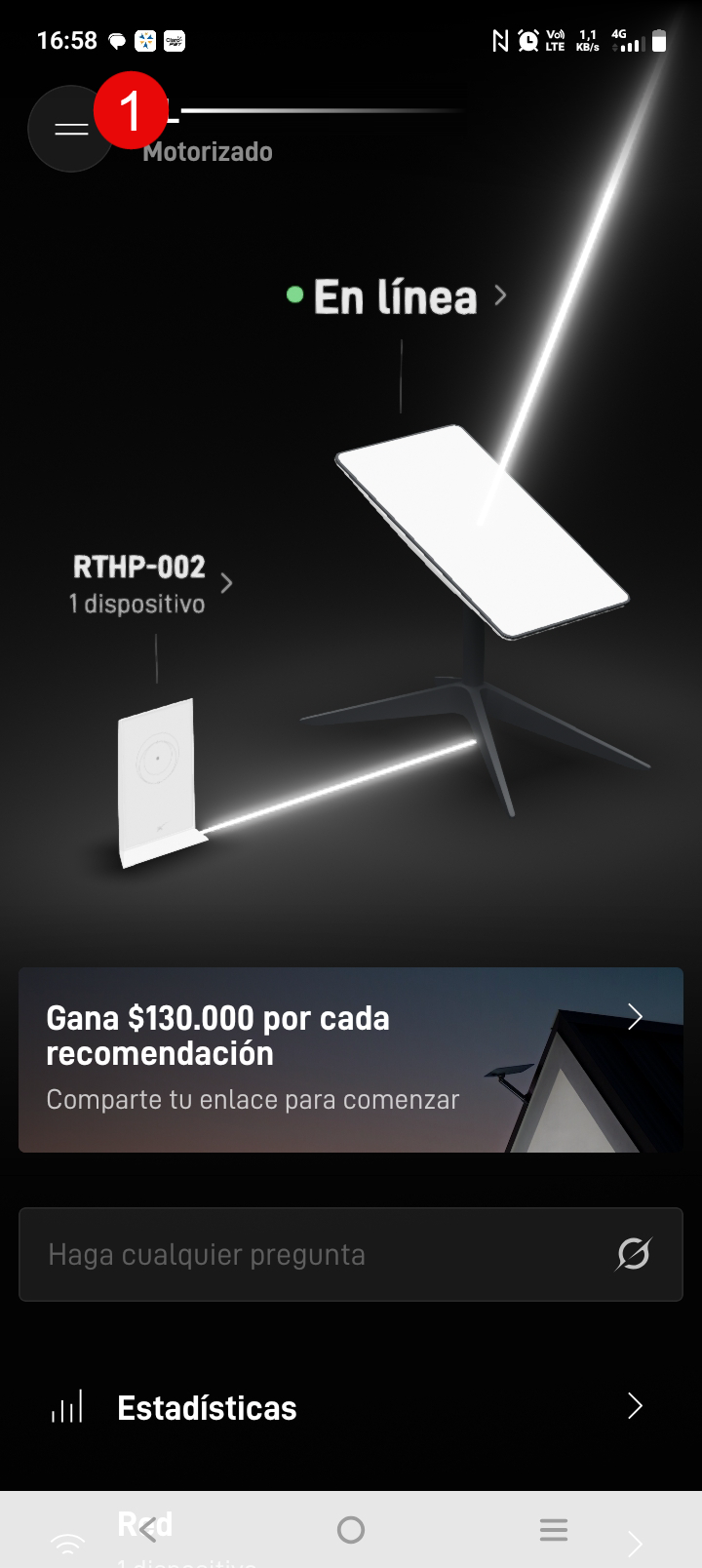 Pantalla principal de la app Starlink con el ícono de configuración