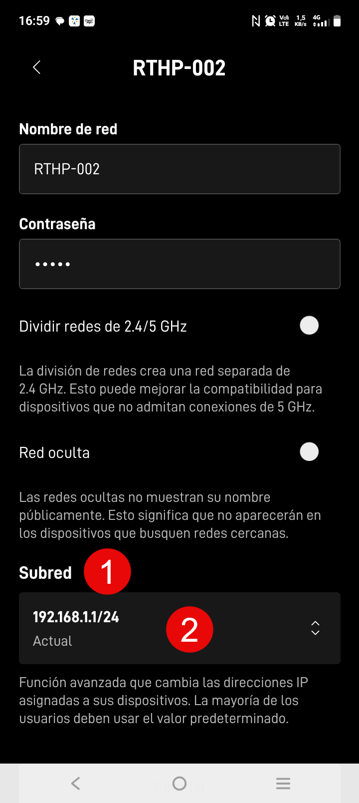 Sección de subred en configuración de Starlink